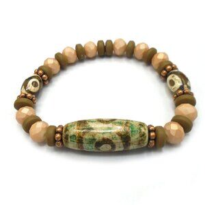 NEW ~ AGATE OLIVE PEACH Tan Beaded Stretch Bracelet